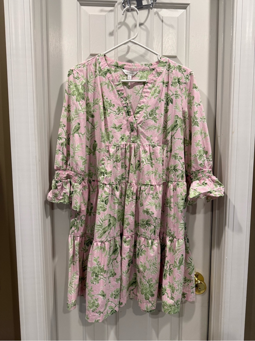 crown & ivy Pink Floral Tiered Dress with Green Botanical Print